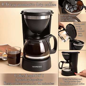 Mixpresso 5 Cup Coffee Maker 25 Oz, Mini Coffee Pot With Removable & Reusable Coffee Filter, Compact 5-Cup Drip Coffee Maker, Electric Coffee Maker 650w, Small Coffee Maker With Warming Plate