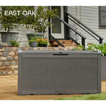 EAST OAK Outdoor Storage Box, 100 Gallon Deck Box, Waterproof Resin Storage Bench for Patio Cushions, Gardening Tools, Pool Accessories, Lockable, UV Resistant, Grey