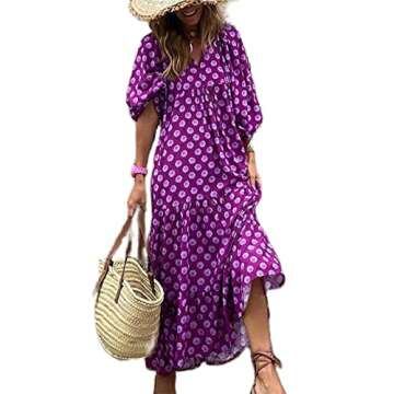 Women's Summer Casual Maxi Dress Bohemian Floral V Neck Puff Short Sleeve Beach Tiered Sundress Long...