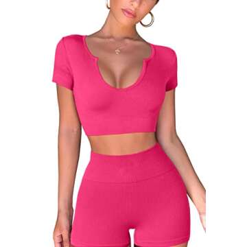 QINSEN Womens Workout Short Leggings 2 Piece Outfits Short Crop Tops Seamless High Waist Booty Shorts M
