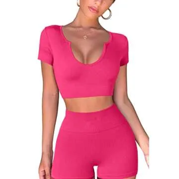 QINSEN Womens Workout Short Leggings 2 Piece Outfits Short Crop Tops Seamless High Waist Booty Shorts M