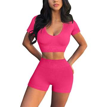 QINSEN Womens Workout Short Leggings 2 Piece Outfits Short Crop Tops Seamless High Waist Booty Shorts M