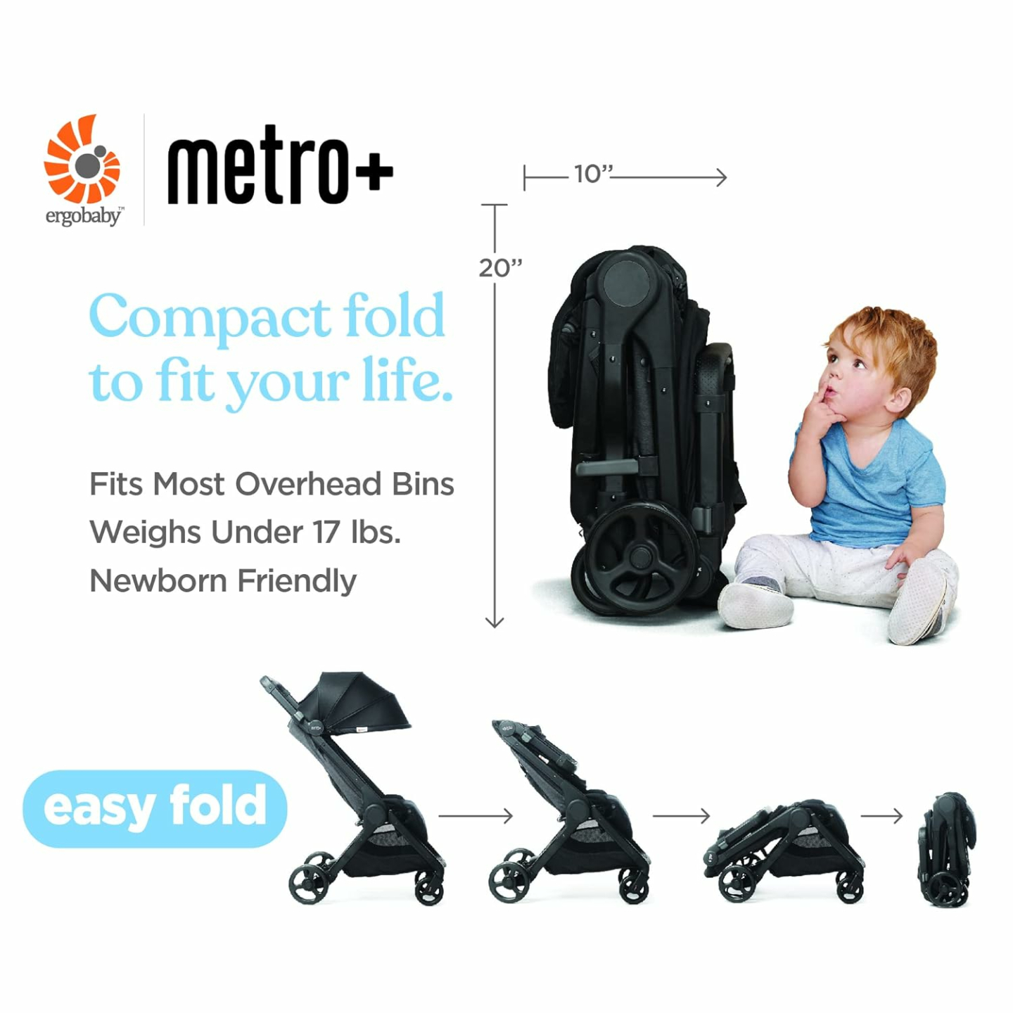 Ergobaby Metro+ Compact Lightweight Stroller Ideal for Travel
