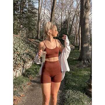 Ourgifts Workout Sets for Women 2 Piece Outfits Seamless High Waisted Workout Shorts Women with Sports Bra Sets Gym Clothes (Our10S-Coffee)