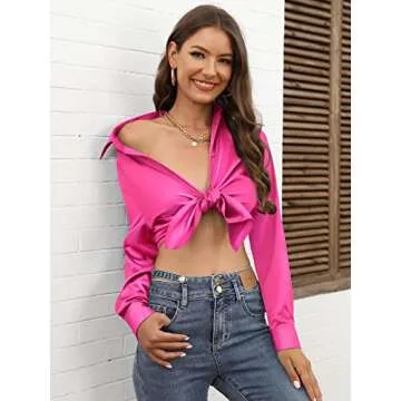 Womens Soft Satin Silk Button Down Shirts for Women Silky Long Sleeve Work Shirt Dress Blouses Tops Hot Pink L