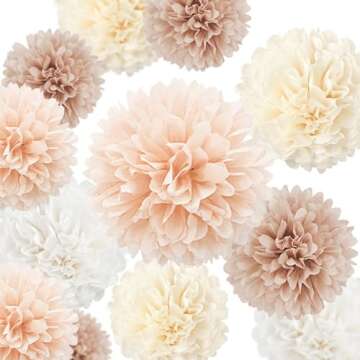 NICROHOME Wedding Decorations, 12 PCS Champagne Tissue Paper Pom Poms, Creamy White Paper Flowers for Engagement Receptions, Bachelorette, Birthday, Boho Bridal Showers Party Supplies