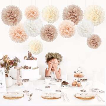 NICROHOME Wedding Decorations, 12 PCS Champagne Tissue Paper Pom Poms, Creamy White Paper Flowers for Engagement Receptions, Bachelorette, Birthday, Boho Bridal Showers Party Supplies