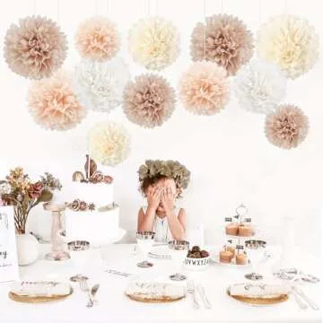 NICROHOME Wedding Decorations, 12 PCS Champagne Tissue Paper Pom Poms, Creamy White Paper Flowers for Engagement Receptions, Bachelorette, Birthday, Boho Bridal Showers Party Supplies