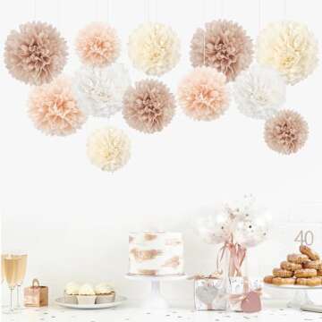 NICROHOME Wedding Decorations, 12 PCS Champagne Tissue Paper Pom Poms, Creamy White Paper Flowers for Engagement Receptions, Bachelorette, Birthday, Boho Bridal Showers Party Supplies