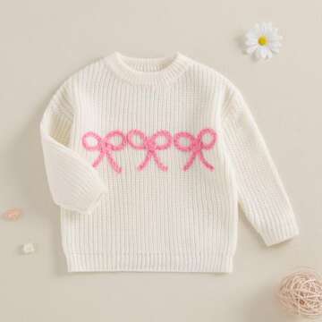 Aiwpstoin Baby Girl Knit Sweater Cute Bow Chunky Knitted Pullover Sweatshirt Toddler Girls Fall Winter Clothes (H White, 3-4 Years)