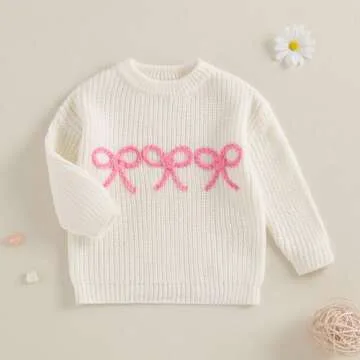 Aiwpstoin Baby Girl Knit Sweater Cute Bow Chunky Knitted Pullover Sweatshirt Toddler Girls Fall Winter Clothes (H White, 3-4 Years)