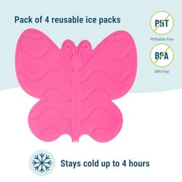 Wildkin Kids Ice Packs (4 Pack) – Slim, Reusable, Keeps Lunch Cool for School/Travel - Butterfly