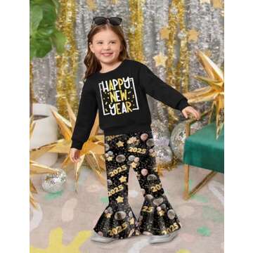 KANGKANG New Years Toddler Girl Outfit 3-4t Toddler New Years Outfit Long Sleeve Happy New Years Sweatshirt Top + Flare Pants New Years Eve Toddler Girl Outfit