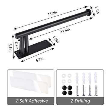 DAZILLO Paper Towel Holder Under Cabinet, Upgraded Version with Two Rods, Stainless Steel Paper Towel Holder Wall Mount, Self Adhesive or Drilling Under Counter Kitchen Towel Holder, Bathroom-Black