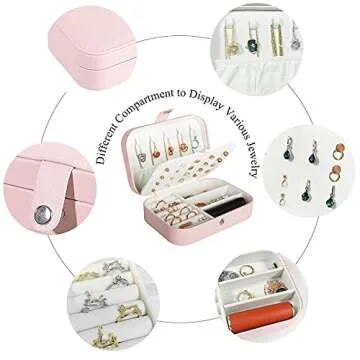 Travel Jewelry Box, PU Leather Small Jewelry Organizer for Women Girls, Portable Mini Travel Case Display Storage Holder Boxes for Stud Earrings, Rings, Necklaces, Bracelets (Pink)