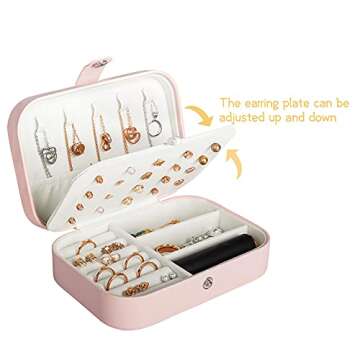 Travel Jewelry Box, PU Leather Small Jewelry Organizer for Women Girls, Portable Mini Travel Case Display Storage Holder Boxes for Stud Earrings, Rings, Necklaces, Bracelets (Pink)