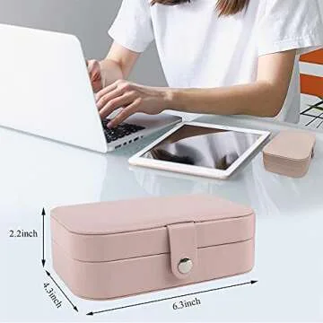 Travel Jewelry Box, PU Leather Small Jewelry Organizer for Women Girls, Portable Mini Travel Case Display Storage Holder Boxes for Stud Earrings, Rings, Necklaces, Bracelets (Pink)