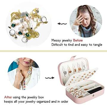 Travel Jewelry Box, PU Leather Small Jewelry Organizer for Women Girls, Portable Mini Travel Case Display Storage Holder Boxes for Stud Earrings, Rings, Necklaces, Bracelets (Pink)