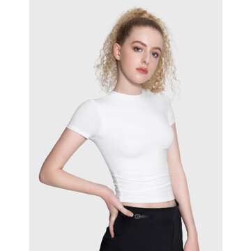 PUMIEY Summer Tops for Women Slim Fit Short Sleeve T Shirts Sexy Y2K Crop Top, Splashed White X-Large