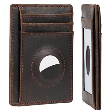 Genuine Leather Slim Wallet with AirTag Holder