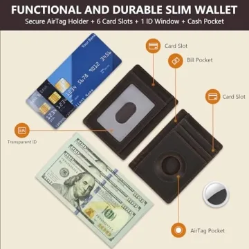 Genuine Leather Slim Wallet with AirTag Holder