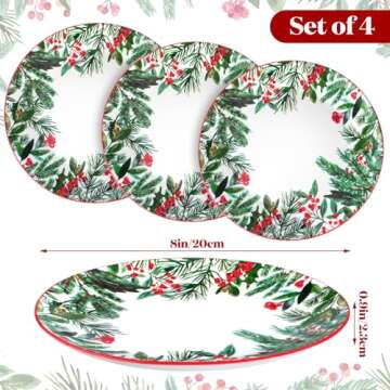 Uiifan 4 PCS Christmas Trees Ceramic Salad Plates Green Dinner Plate Xmas Tree Decoration Porcelain Plate Set Winter Dessert Plates for Christmas Dinner Party Holiday Kitchen Decor (Winter Leaves)