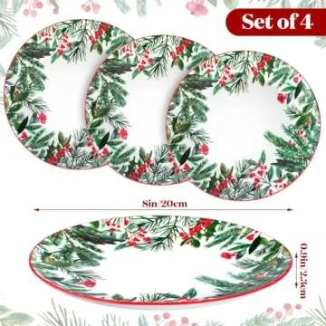 Uiifan 4 PCS Christmas Trees Ceramic Salad Plates Green Dinner Plate Xmas Tree Decoration Porcelain Plate Set Winter Dessert Plates for Christmas Dinner Party Holiday Kitchen Decor (Winter Leaves)