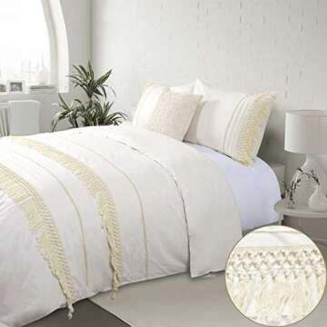 YINFUNG Tassel Duvet Cover Set Queen Fringed Cotton Boho Macrame Crochet Ivory Cream Fringed Elegant...