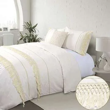 YINFUNG Tassel Duvet Cover Set Queen Fringed Cotton Boho Macrame Crochet Ivory Cream Fringed Elegant...