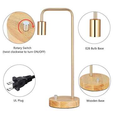OYEAL Industrial Table Lamp, Vintage Small Table Lamp with Wooden Base Bedside Nightstand Desk Lamp Ideal for Bedroom Living Room,Gold