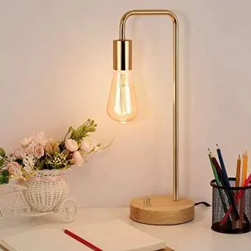 OYEAL Industrial Table Lamp, Vintage Small Table Lamp with Wooden Base Bedside Nightstand Desk Lamp Ideal for Bedroom Living Room,Gold