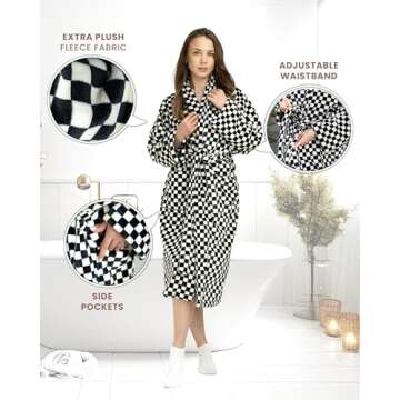 SMPL objects Robes For Women - Fleece Womens Robe - Bathrobe for Women Black & White - Robe Women's Long Vintage Soft Plush