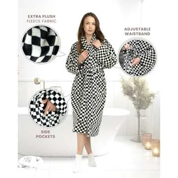 SMPL objects Robes For Women - Fleece Womens Robe - Bathrobe for Women Black & White - Robe Women's Long Vintage Soft Plush