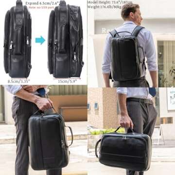 Masa Kawa Slim Leather 15.6" Laptop Backpack for Men Convertible Briefcase Backpacks Expandable Blac...