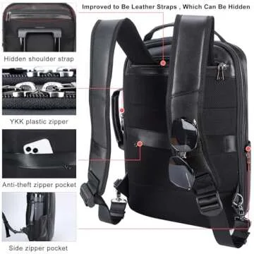 Masa Kawa Slim Leather 15.6" Laptop Backpack for Men Convertible Briefcase Backpacks Expandable Black Business Work Bag Slim Travel Daypack