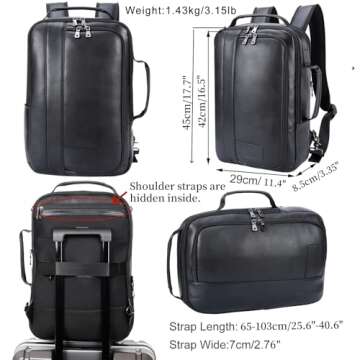 Masa Kawa Slim Leather 15.6" Laptop Backpack for Men Convertible Briefcase Backpacks Expandable Black Business Work Bag Slim Travel Daypack