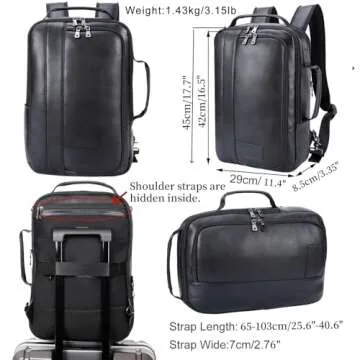 Masa Kawa Slim Leather 15.6" Laptop Backpack for Men Convertible Briefcase Backpacks Expandable Black Business Work Bag Slim Travel Daypack