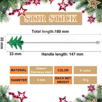 4Pcs Christmas Pine Tree Shape Cocktail Swizzle Stick Stainless Steel Coffee Stirrers Juice Milk Dri...
