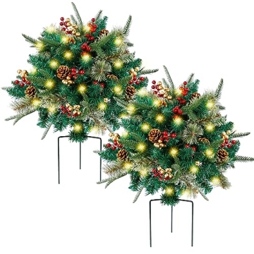 Glintoper Lighted Artificial Christmas Urn Filler - Pre-lit Pine Tree Decoration