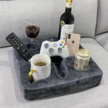 Couch and Bed Cup Holder Pillow, Sofa Refreshment Tray for Drinks/Remote Control/Snacks Holder (Gray...