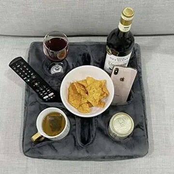 Couch and Bed Cup Holder Pillow, Sofa Refreshment Tray for Drinks/Remote Control/Snacks Holder (Gray)