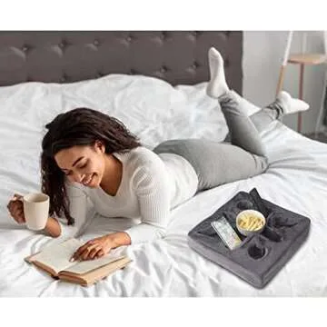 Couch and Bed Cup Holder Pillow, Sofa Refreshment Tray for Drinks/Remote Control/Snacks Holder (Gray)