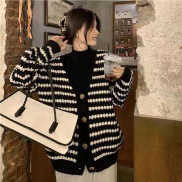 LIUKAISEN Women's Striped Cardigan Sweater Long Trendy V-Neck Button-Down Long Sleeve Chunky Knit Coat (Women, Large, Black)…