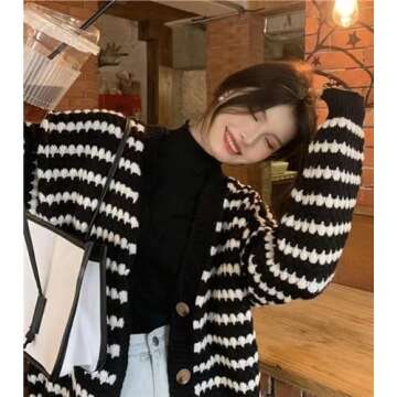 LIUKAISEN Women's Striped Cardigan Sweater Long Trendy V-Neck Button-Down Long Sleeve Chunky Knit Coat (Women, Large, Black)…