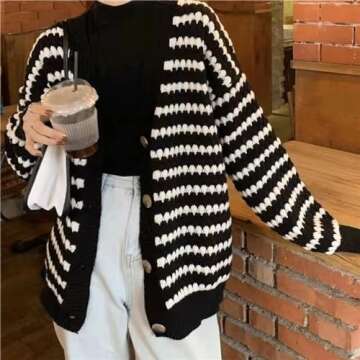 LIUKAISEN Women's Striped Cardigan Sweater Long Trendy V-Neck Button-Down Long Sleeve Chunky Knit Coat (Women, Large, Black)…