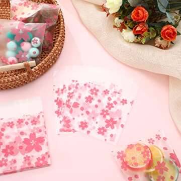 NUOMI Resealable Cellophane Bags Self-Adhesive Frosting Cherry Blossoms Bags 100Pieces Good for Bake...