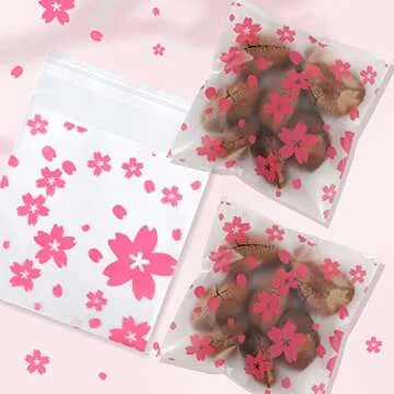 NUOMI Resealable Cellophane Bags Self-Adhesive Frosting Cherry Blossoms Bags 100Pieces Good for Bakery Candy, Cookie, Soap, Candle Gift Wraping Storage 4"x4"