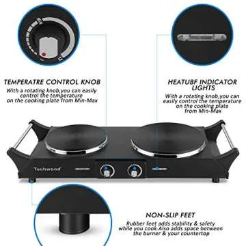 Techwood 1800W Hot Plate Portable Electric Stove Countertop Double Burner with Adjustable Temperature & Stay Cool Handles, 7.5” Cooktop for RV/Home/Camp, Compatible for All Cookwares