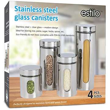 Estilo Stainless Steel Canister Sets for the Kitchen Counter - Silver Canister Set with Glass Windows - Multiple Sizes, Set of 4