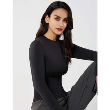 PATTERN HOUR Women's Long Sleeve T-Shirt Slim Fit Crew Neck Basic Sexy Tee Double Line